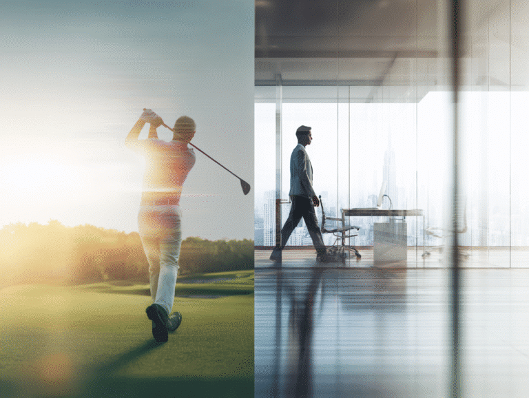 Split image showing golfer mid-swing on course and businessman walking in modern office, representing chiropractic care for peak performance in Brooklyn athletes and executives