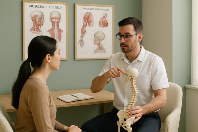 Chiropractor explaining Upper Crossed Syndrome to a patient using a spine model in a clinic setting.