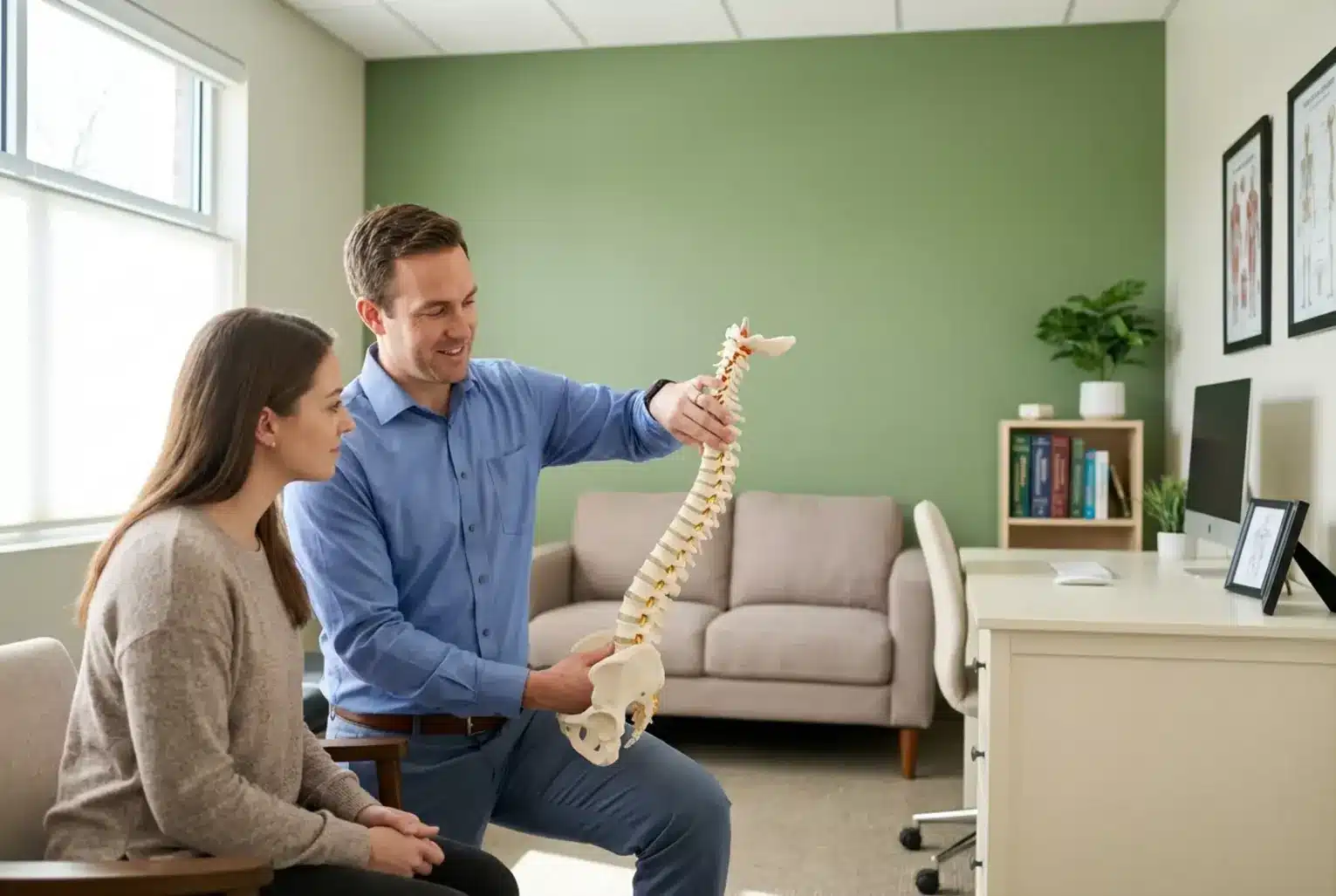 Chiropractor explaining spinal misalignment using a spine model in a modern clinic
