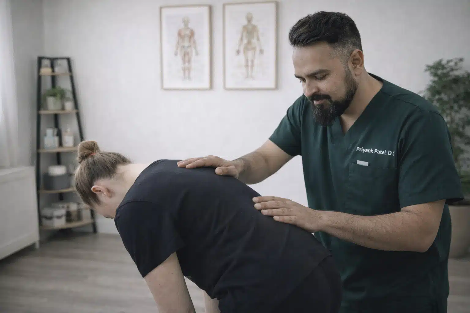 Dr. Priyank Patel performing Adam's Forward Bend Test for scoliosis screening in Brooklyn