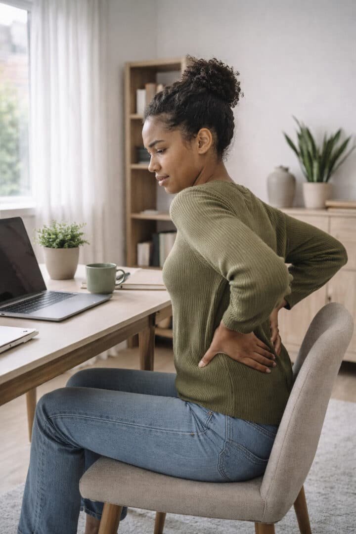 Woman holding her lower back in pain while sitting at a desk, indicating a need for lumbar support or chiropractic care