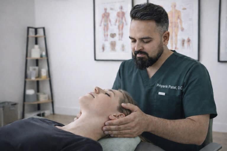 Dr. Priyank Patel performing a manual cervical spine examination to assess neck pain and range of motion at Brooklyn Chiropractic Care.