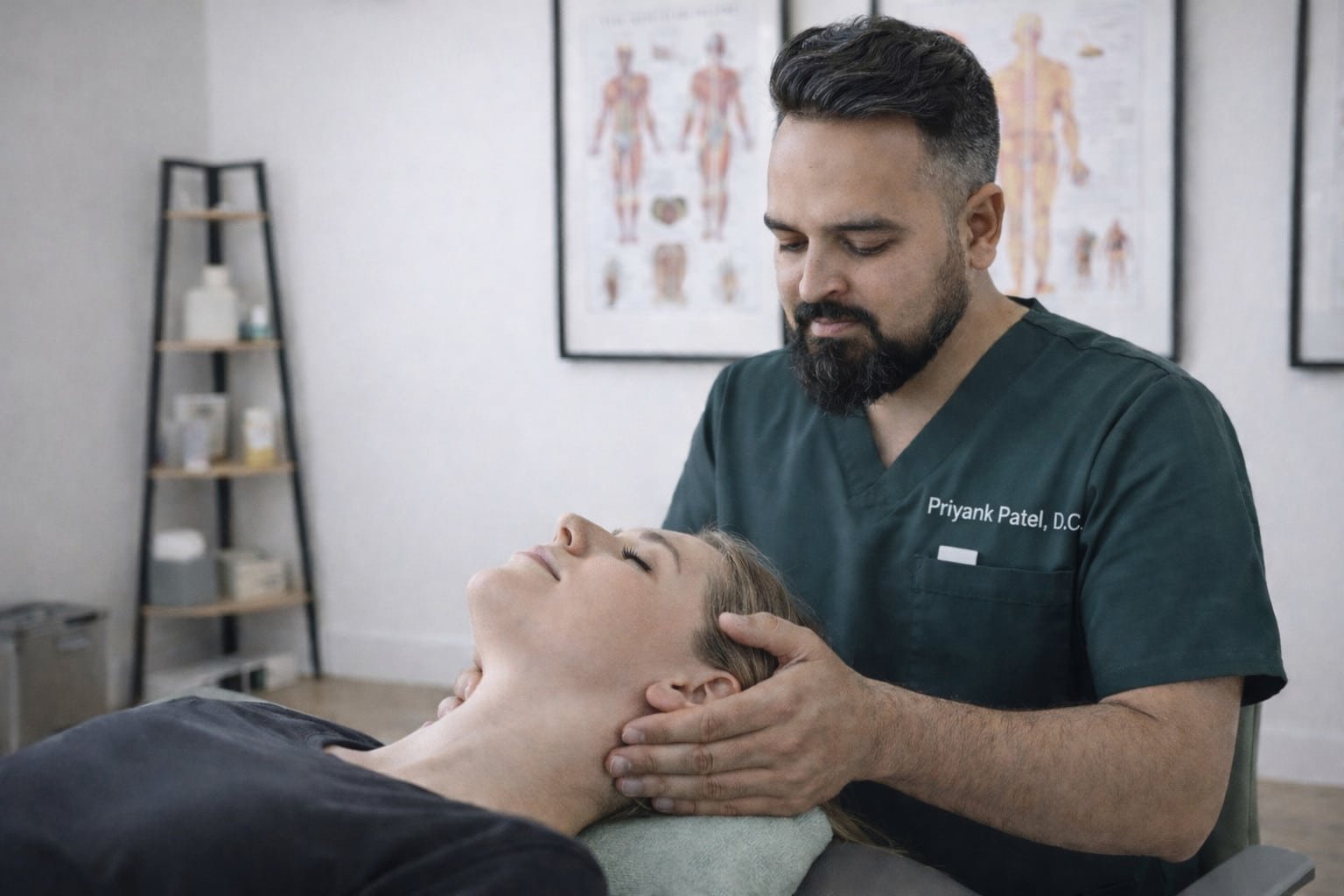Dr. Priyank Patel performing a manual cervical spine examination to assess neck pain and range of motion at Brooklyn Chiropractic Care.