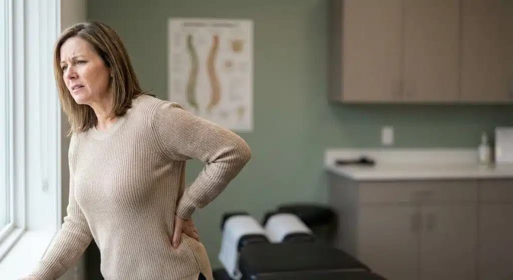 Woman clutching her lower back in pain due to sciatica symptoms standing in a Greenpoint chiropractic exam room.