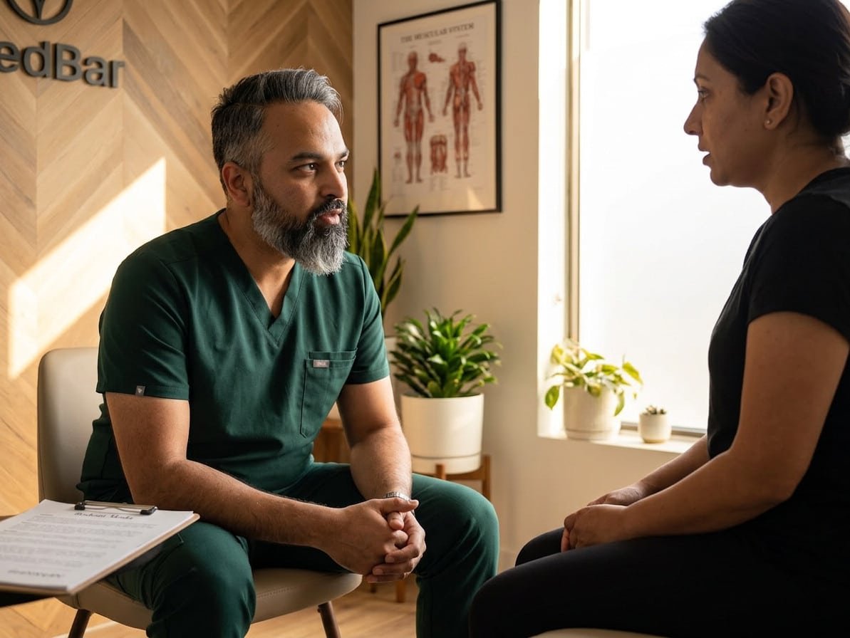 Dr. Patel consulting with a patient about piriformis syndrome at Brooklyn Chiropractic Care in Greenpoint