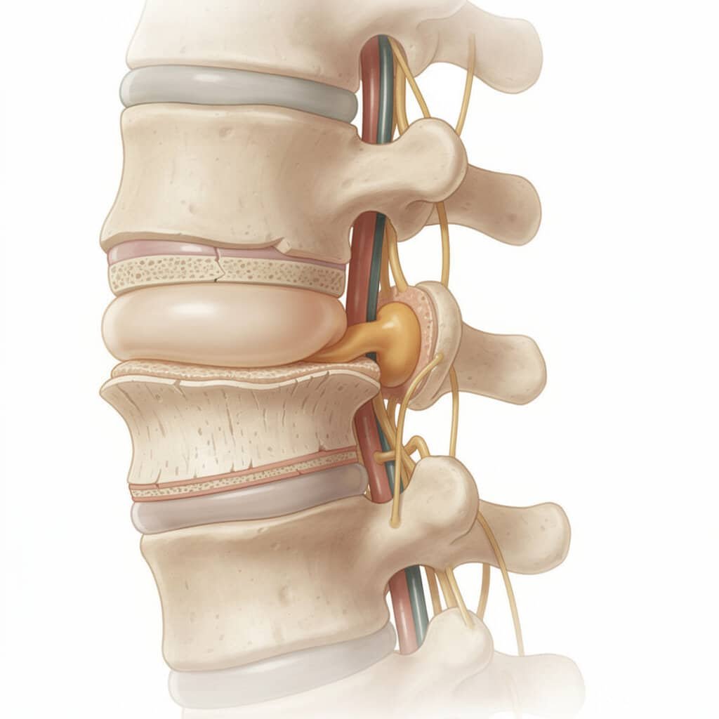 Herniated disc diagram showing nucleus pressing on spinal nerve root