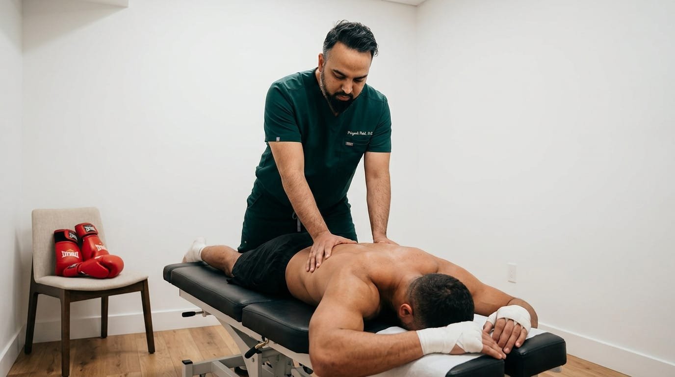 Dr. Patel performing spinal adjustment on boxing athlete at Brooklyn Chiropractic Care, 112 Greenpoint Ave