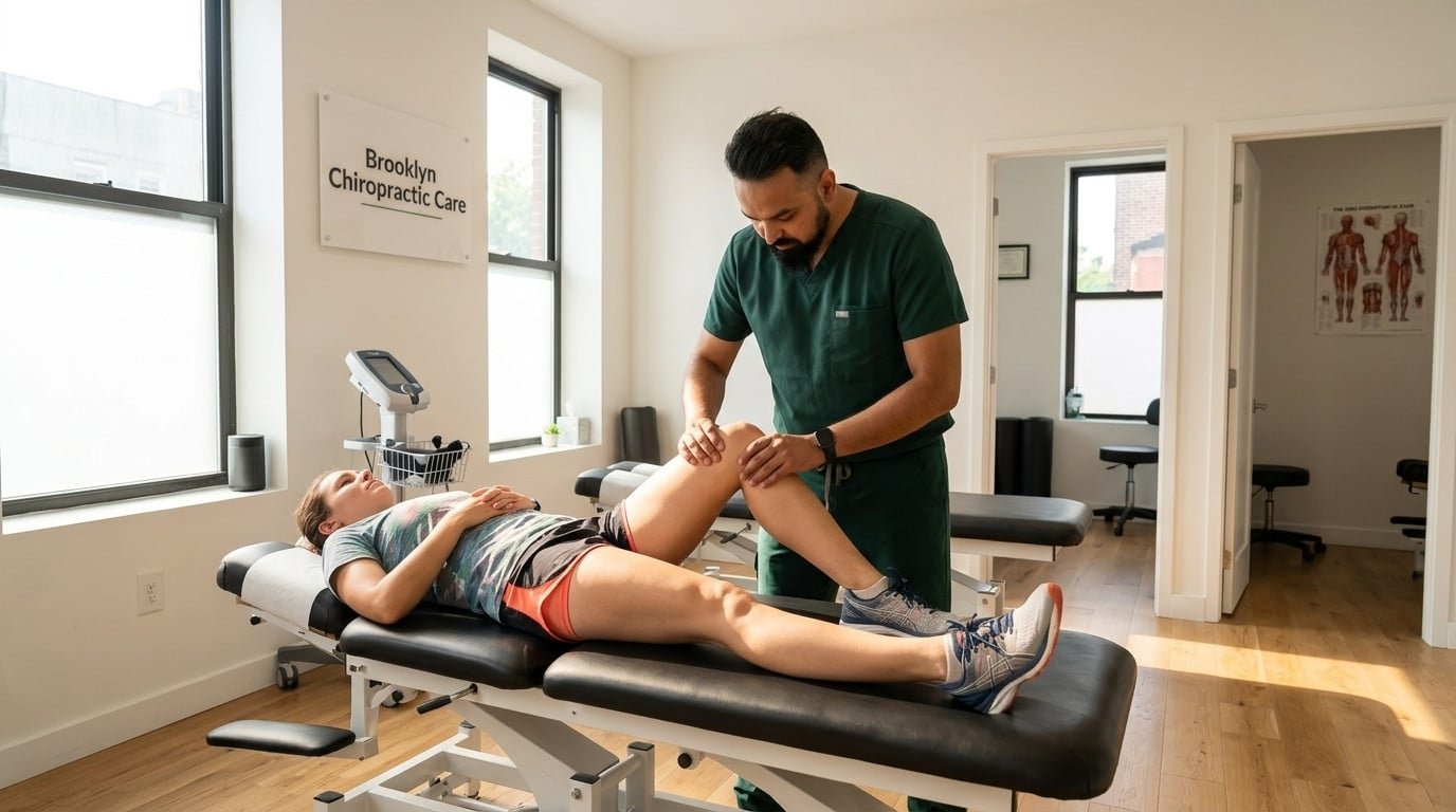 Dr. Patel examining a runner patient knee at Brooklyn Chiropractic Care Greenpoint 112 Greenpoint Ave