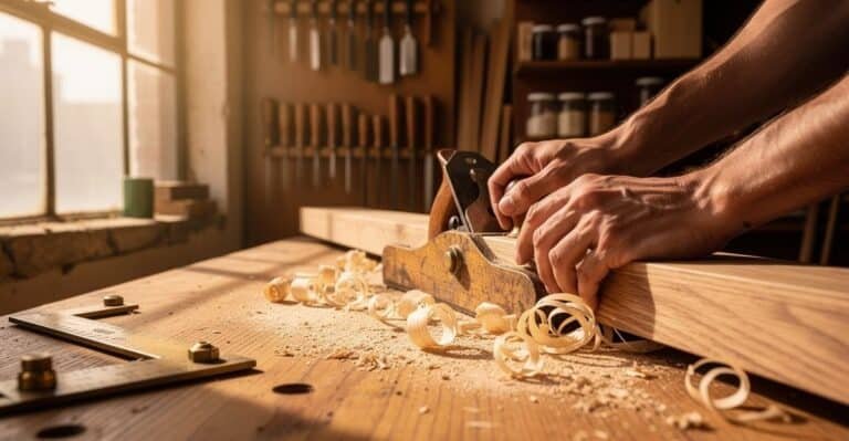 Brooklyn woodworker using a wooden hand plane on raw oak in a Greenpoint workshop | Brooklyn Chiropractic Care serves makers and artisans at GMDC