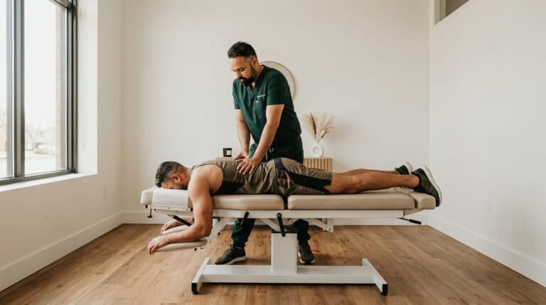 Dr. Patel performing spinal adjustment on gym athlete at Brooklyn Chiropractic Care, 112 Greenpoint Ave