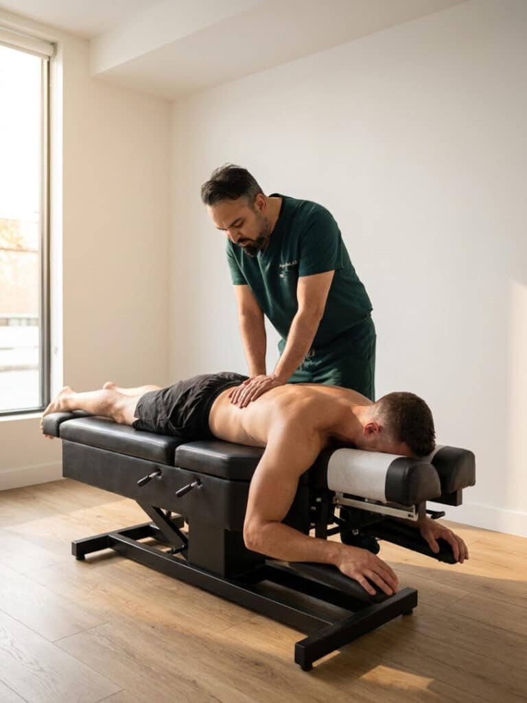 Dr. Patel adjusting gym athlete spine for back pain from weightlifting at Brooklyn Chiropractic Care Greenpoint