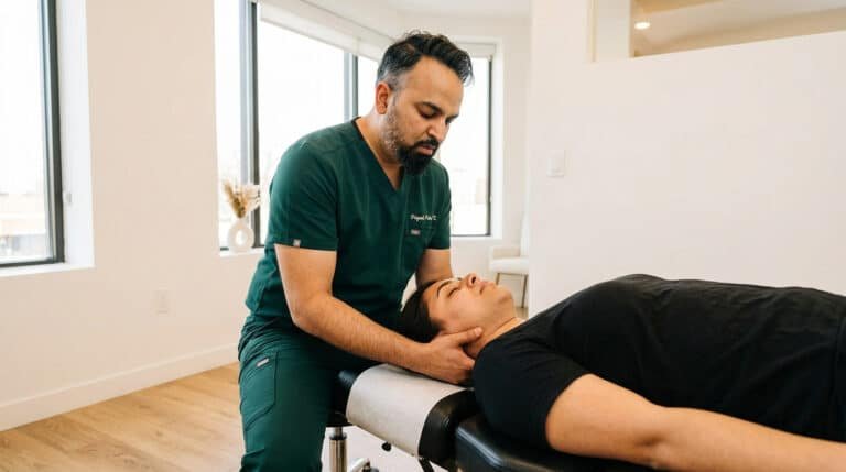 Dr. Patel performing neck pain treatment at Brooklyn Chiropractic Care, 112 Greenpoint Ave