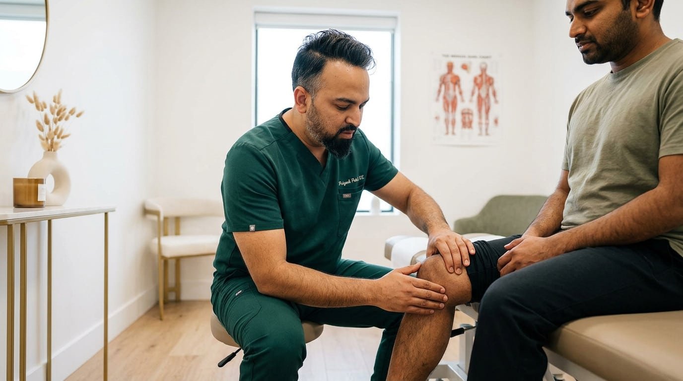 Dr. Patel examining a patient knee at Brooklyn Chiropractic Care, 112 Greenpoint Ave