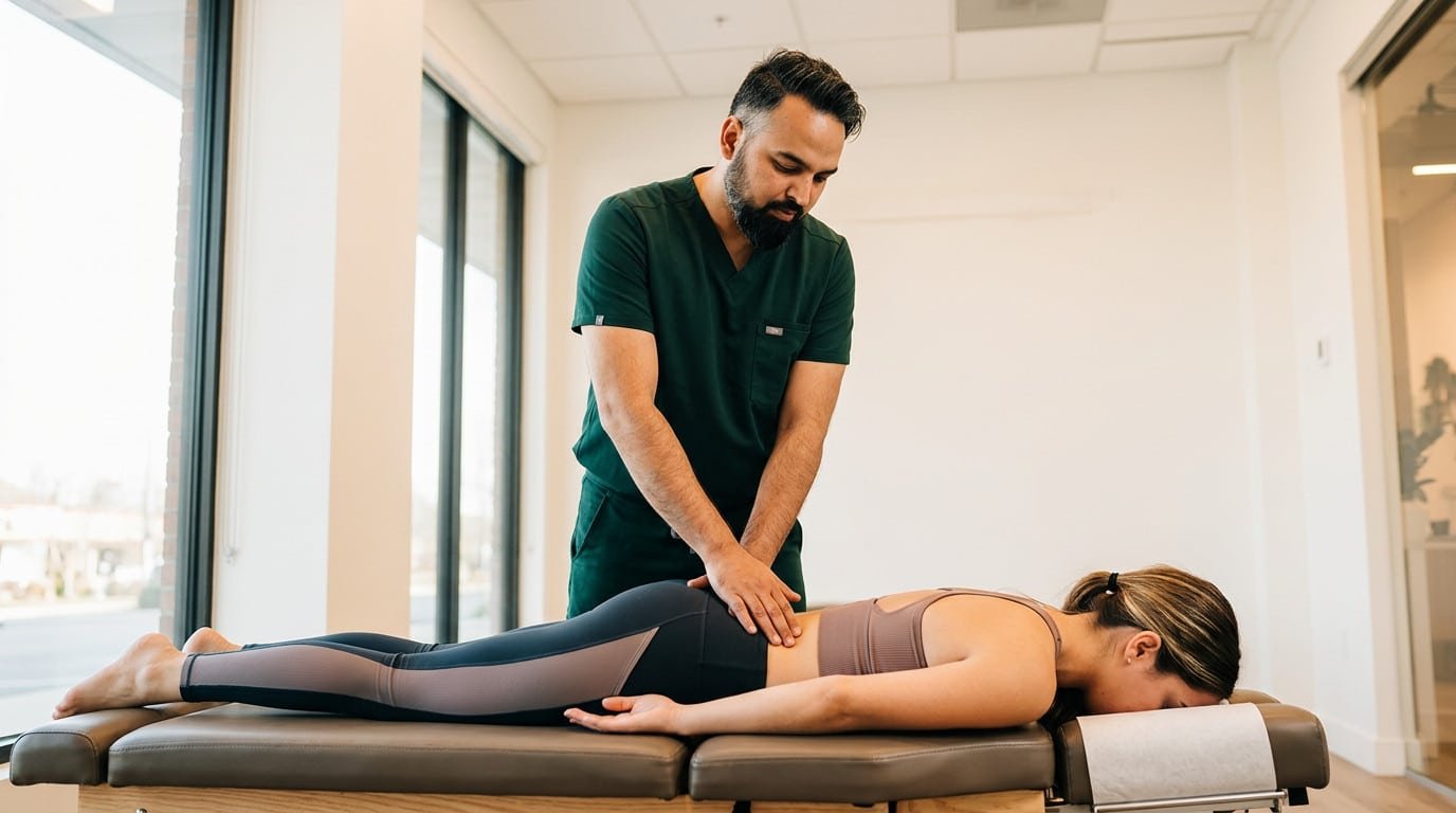 Dr. Patel assessing spinal alignment for a Pilates client at Brooklyn Chiropractic Care, 112 Greenpoint Ave