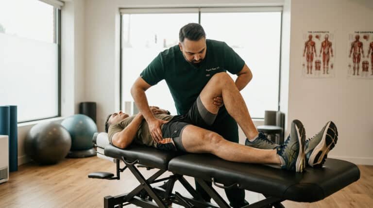 Dr. Patel examining a runners hip at Brooklyn Chiropractic Care, 112 Greenpoint Ave