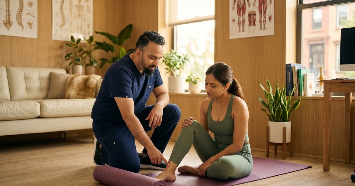 Dr. Patel consulting with a yoga patient at Brooklyn Chiropractic Care