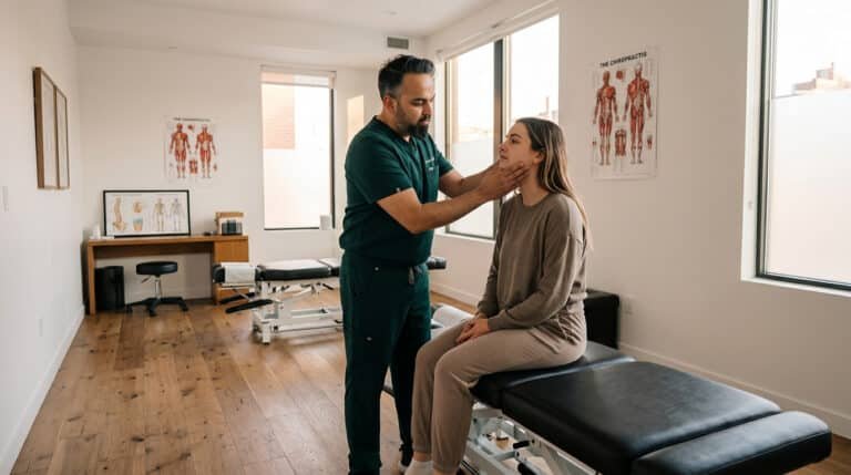 TMJ chiropractor in Brooklyn, Dr. Patel examining a patient jaw at Brooklyn Chiropractic Care