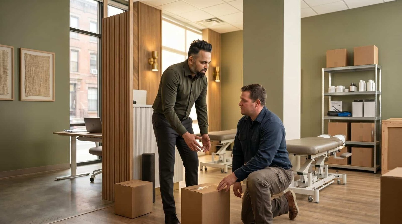 Dr. Patel discussing lifting mechanics with a warehouse worker