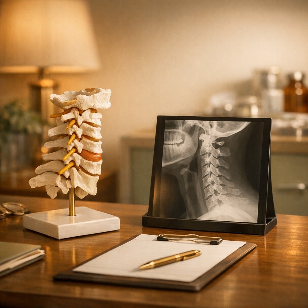 Cervical spine X-ray and anatomy model on a consultation desk