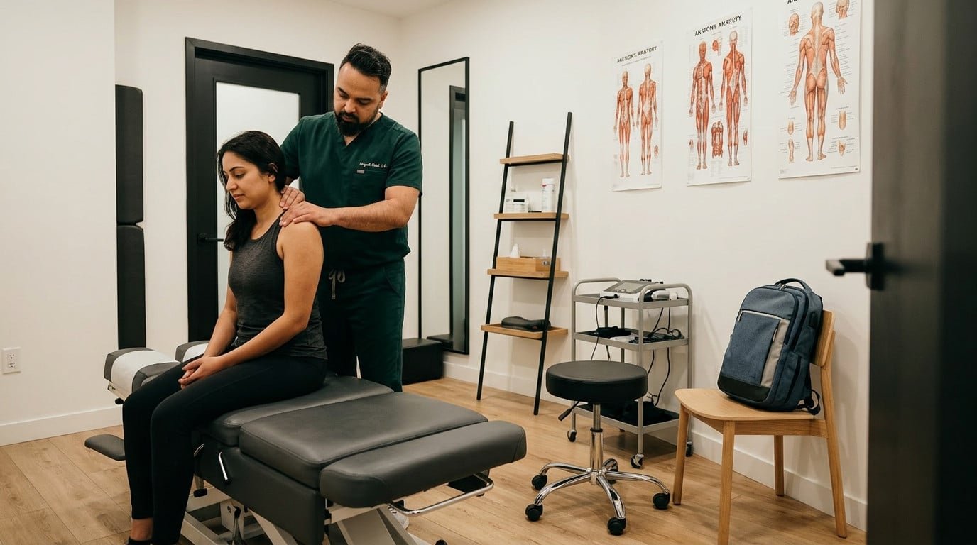 Dr. Patel examining patient upper trapezius for backpack shoulder pain in Brooklyn at Brooklyn Chiropractic Care, 112 Greenpoint Ave