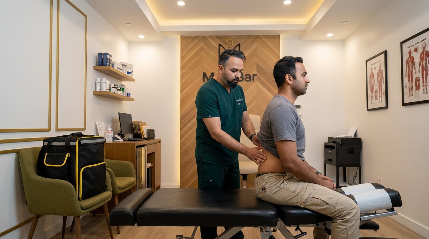 Dr. Patel examining delivery driver lower back at Brooklyn Chiropractic Care Greenpoint