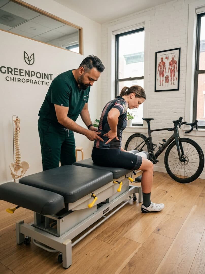 Cycling chiropractor in Greenpoint Dr. Patel examining cyclist back pain at Brooklyn Chiropractic Care