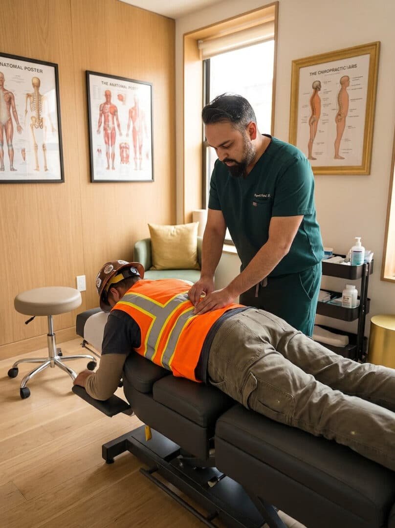 Dr. Patel treating construction worker back pain in Brooklyn at Brooklyn Chiropractic Care Greenpoint