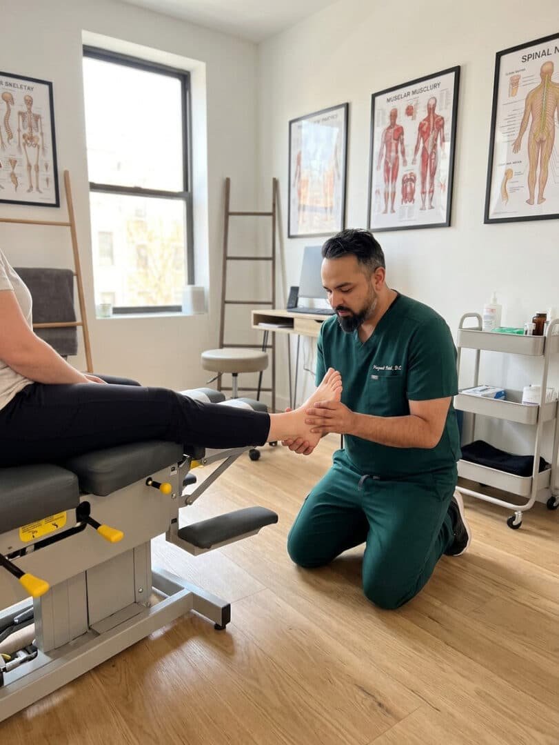 Dr. Patel examining a patient's foot for plantar fasciitis at Brooklyn Chiropractic Care in Greenpoint
