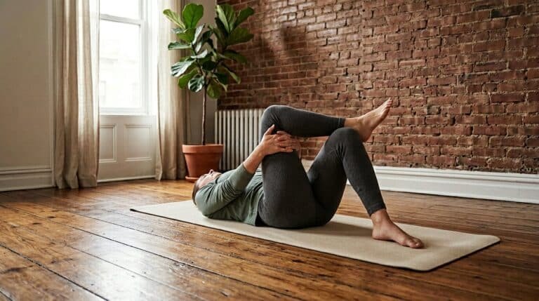 Person performing a figure-4 hip stretch on a yoga mat in a Greenpoint Brooklyn apartment for hip pain relief