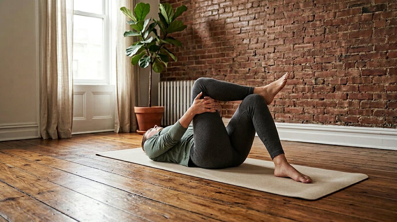 Person performing a figure-4 hip stretch on a yoga mat in a Greenpoint Brooklyn apartment for hip pain relief