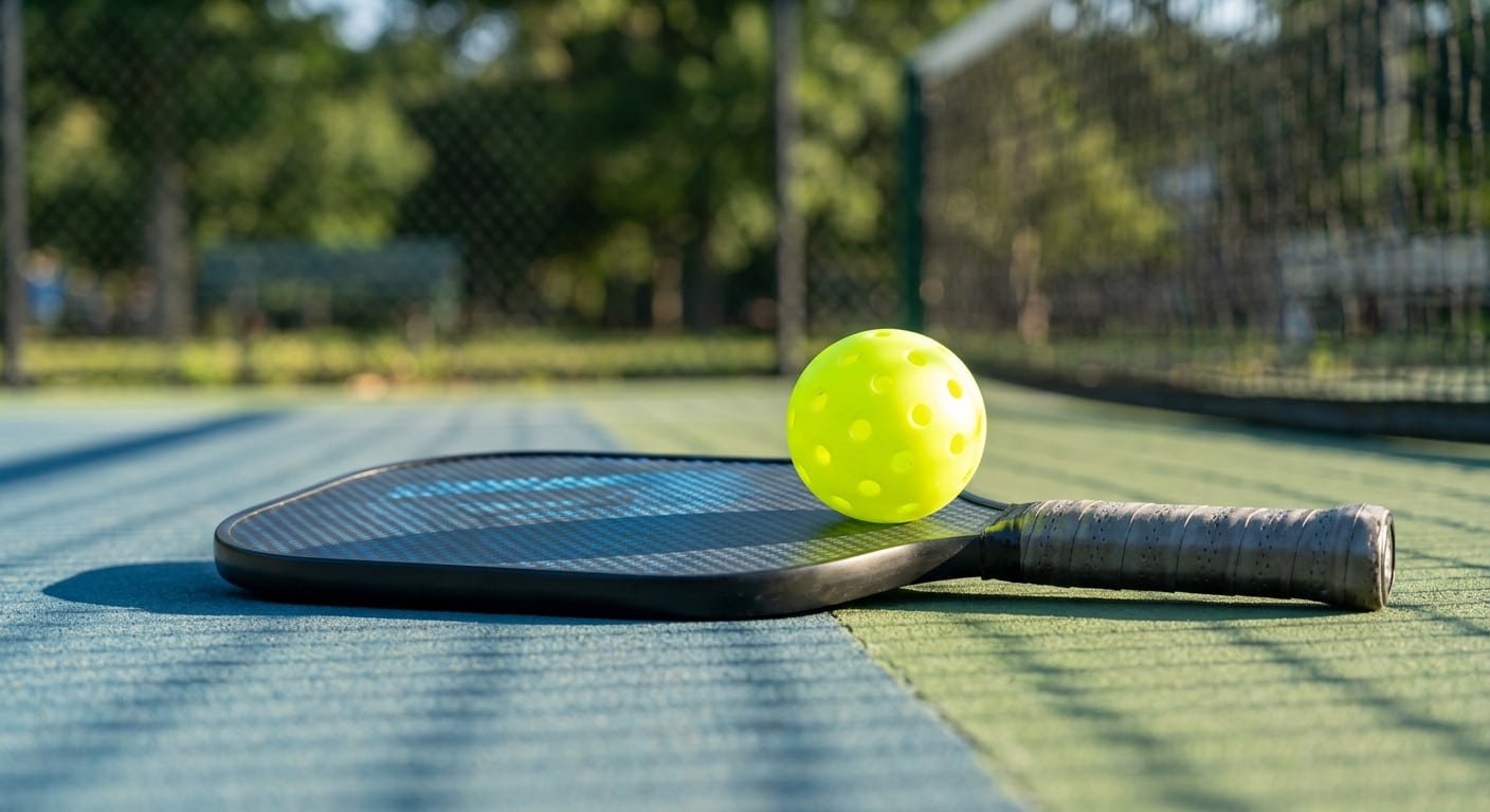 Pickleball paddle and ball on outdoor court, pickleball injuries in Brooklyn treated at Brooklyn Chiropractic Care Greenpoint