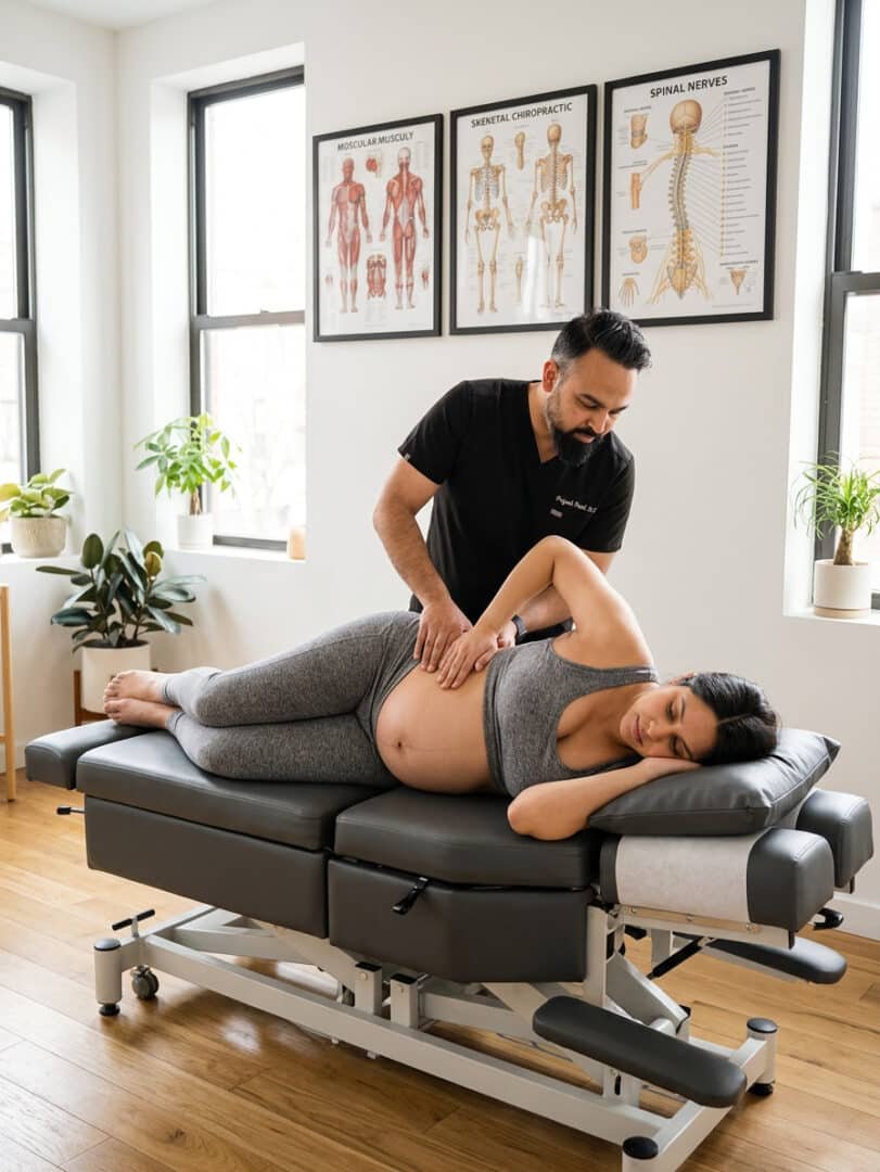 Dr. Patel performing a prenatal chiropractic adjustment on a pregnant patient at Brooklyn Chiropractic Care in Greenpoint