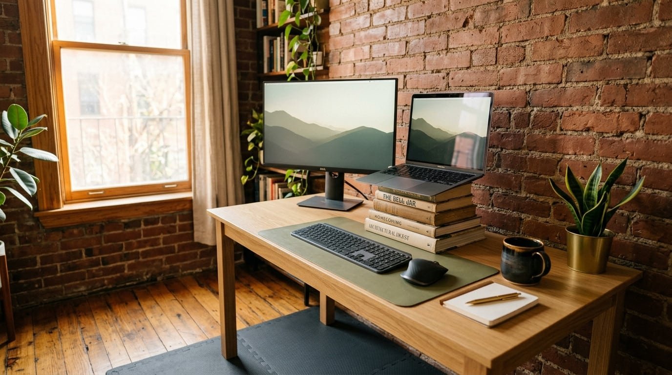 Standing desk in a Brooklyn apartment setup with monitor at eye level, external keyboard, and anti-fatigue mat in a Greenpoint pre-war home office