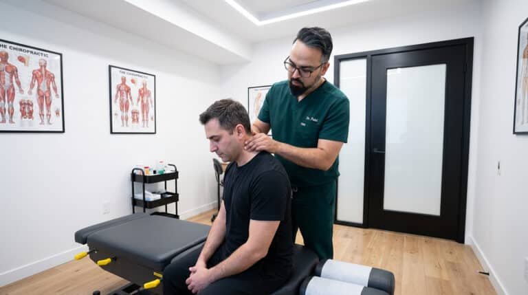 Dr. Patel performing cervical whiplash examination at Brooklyn Chiropractic Care, 112 Greenpoint Ave