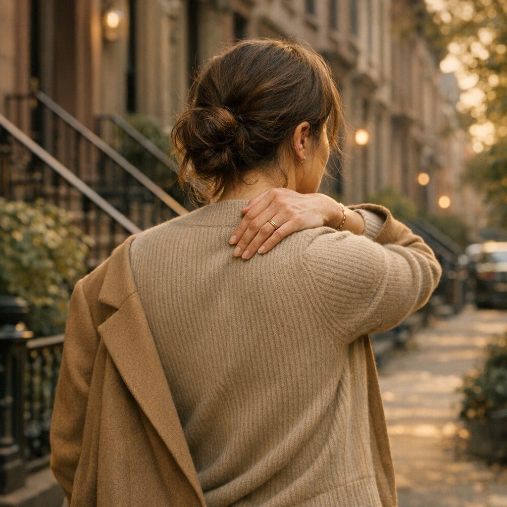 Person experiencing upper back pain when walking outdoors in Brooklyn