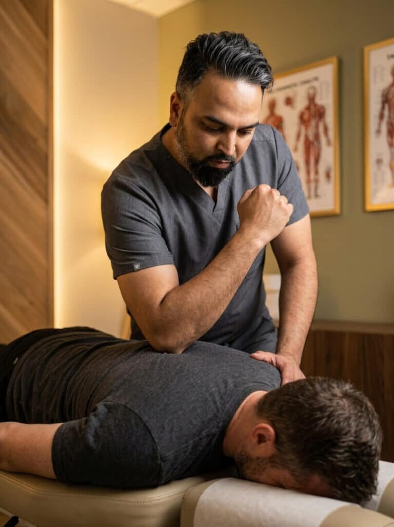 Dr. Patel using elbow pressure for deep tissue massage on a clothed patient at Brooklyn Chiropractic Care