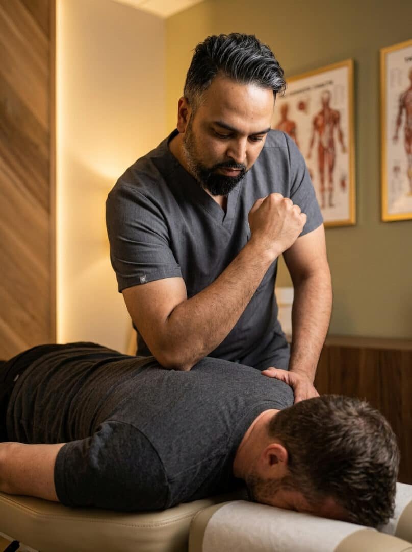 Dr. Patel using elbow pressure for deep tissue massage on a clothed patient at Brooklyn Chiropractic Care