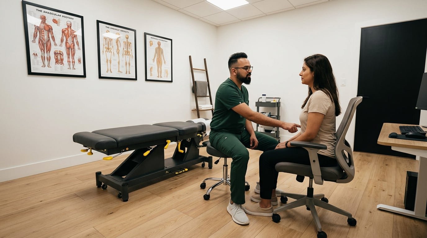 Dr. Patel examining patient with back pain when sitting in Brooklyn at Brooklyn Chiropractic Care, 112 Greenpoint Ave