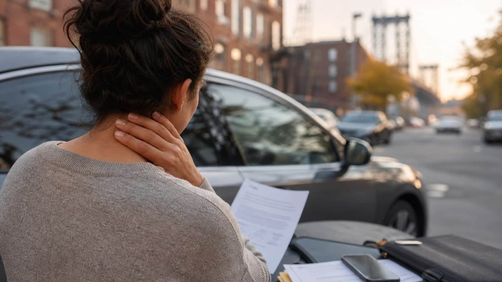 Anonymous patient reviewing ER paperwork after a Brooklyn car accident
