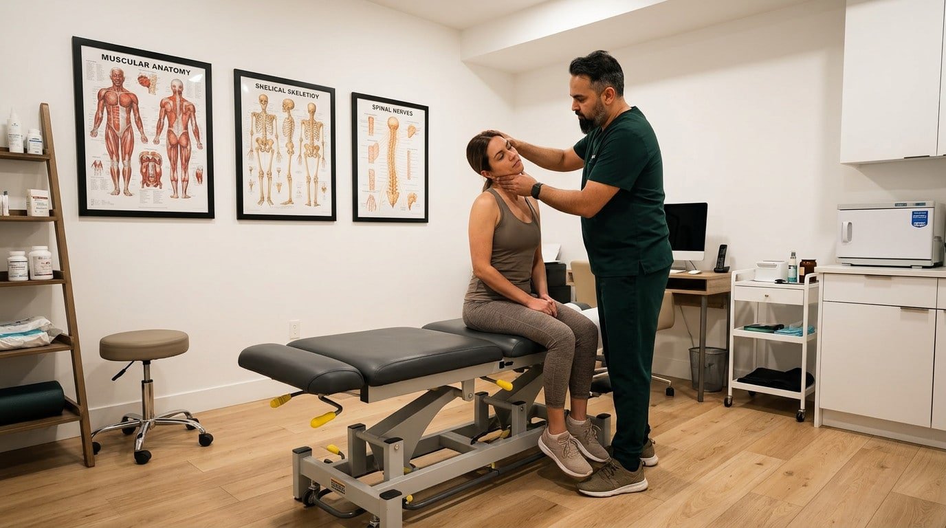 Dr. Patel treating tension headaches from neck pain at Brooklyn Chiropractic Care 112 Greenpoint Ave