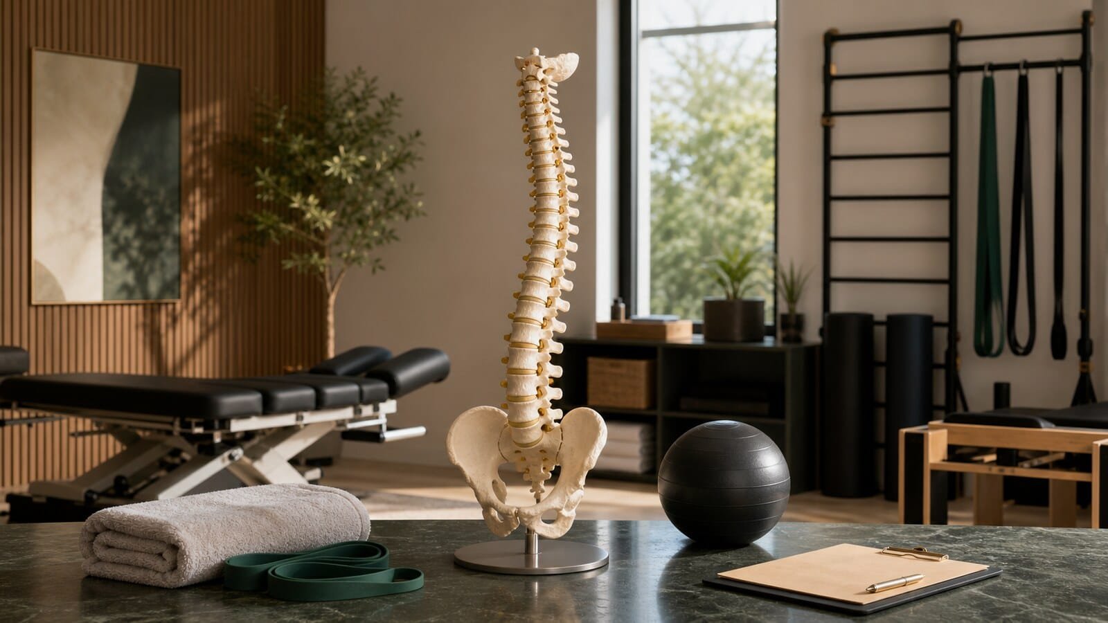 Spine model in a chiropractic and physical therapy clinic setting