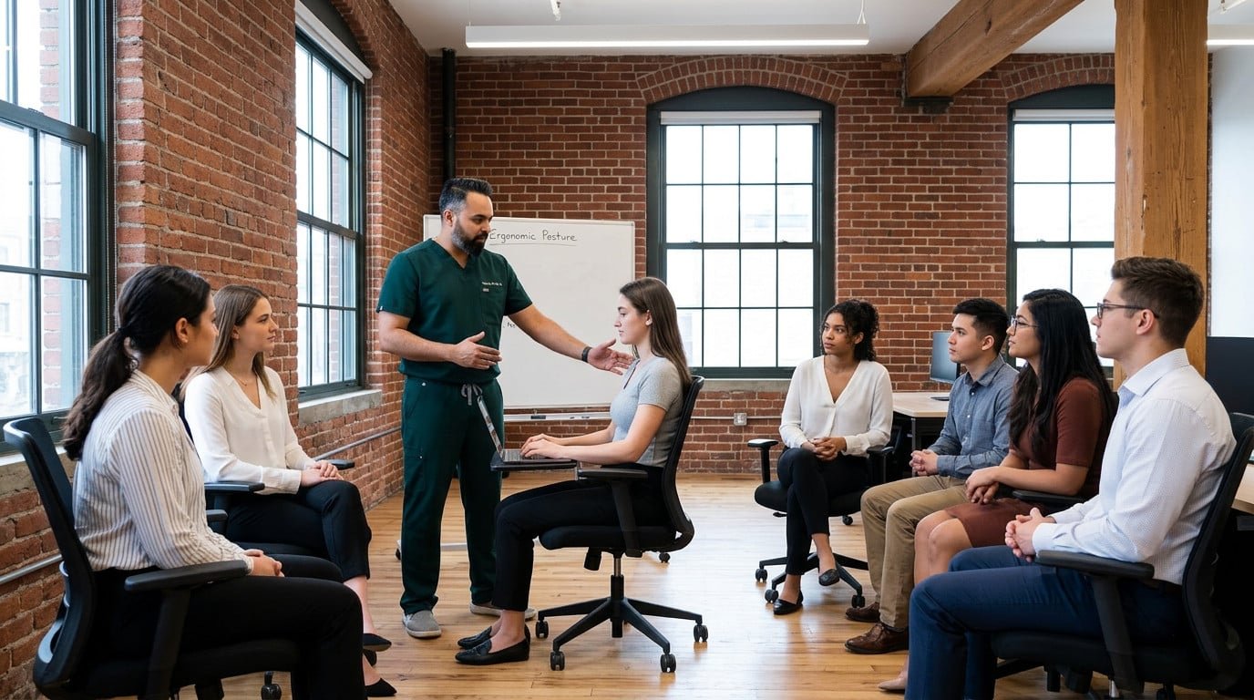 Dr. Patel leading corporate chiropractic wellness in Brooklyn ergonomic workshop at Brooklyn Chiropractic Care 112 Greenpoint Ave