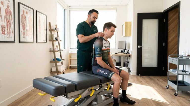 Dr. Patel assessing cycling neck pain in Brooklyn at Brooklyn Chiropractic Care, 112 Greenpoint Ave