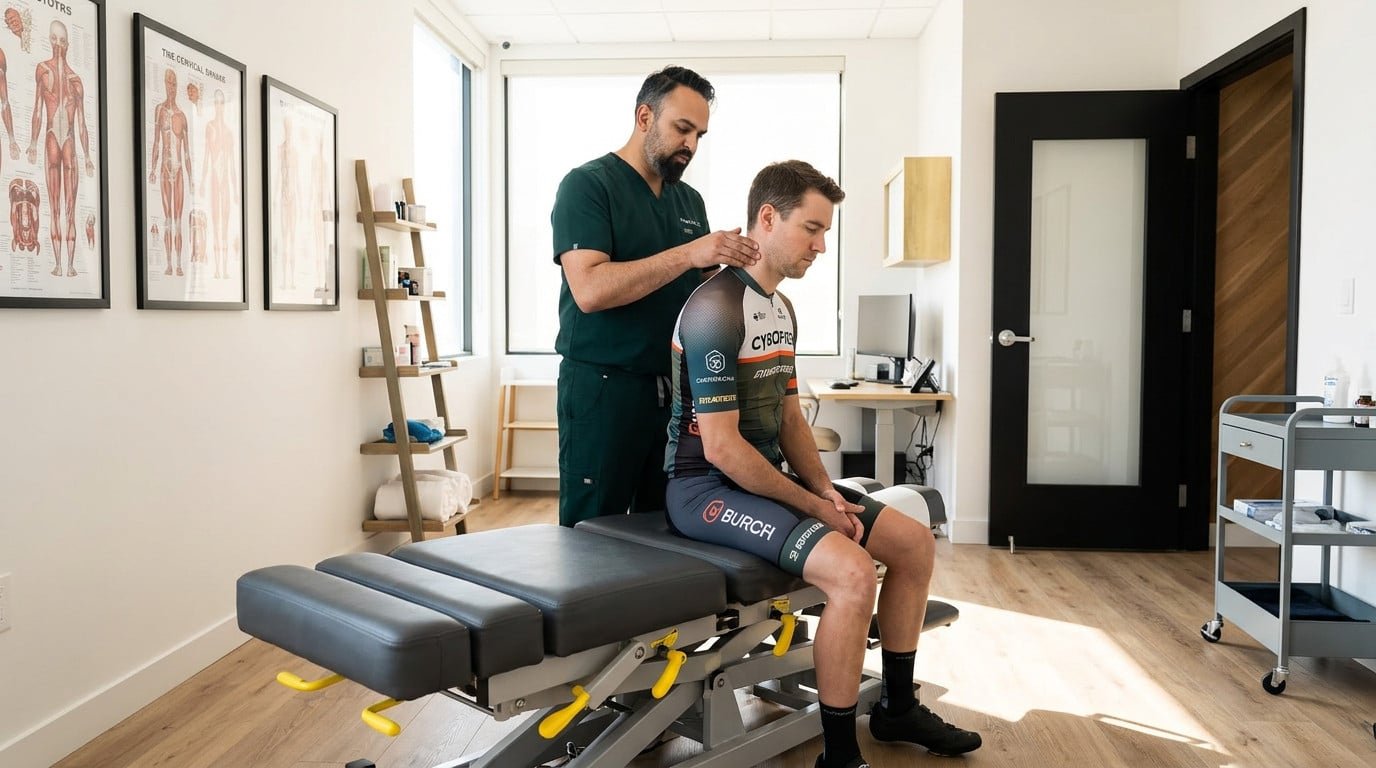 Dr. Patel assessing cycling neck pain in Brooklyn at Brooklyn Chiropractic Care, 112 Greenpoint Ave