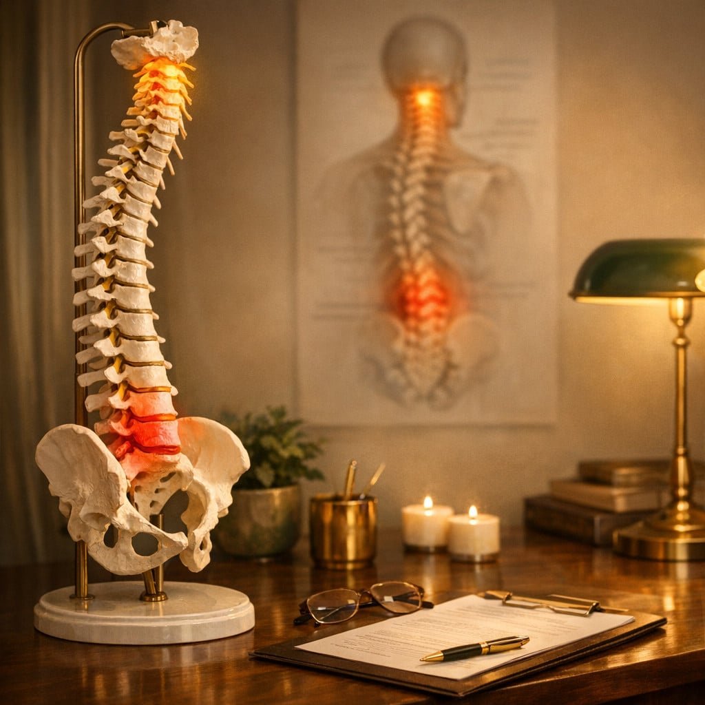 Anatomical spine model on a clinical desk for a sciatica and neck pain article