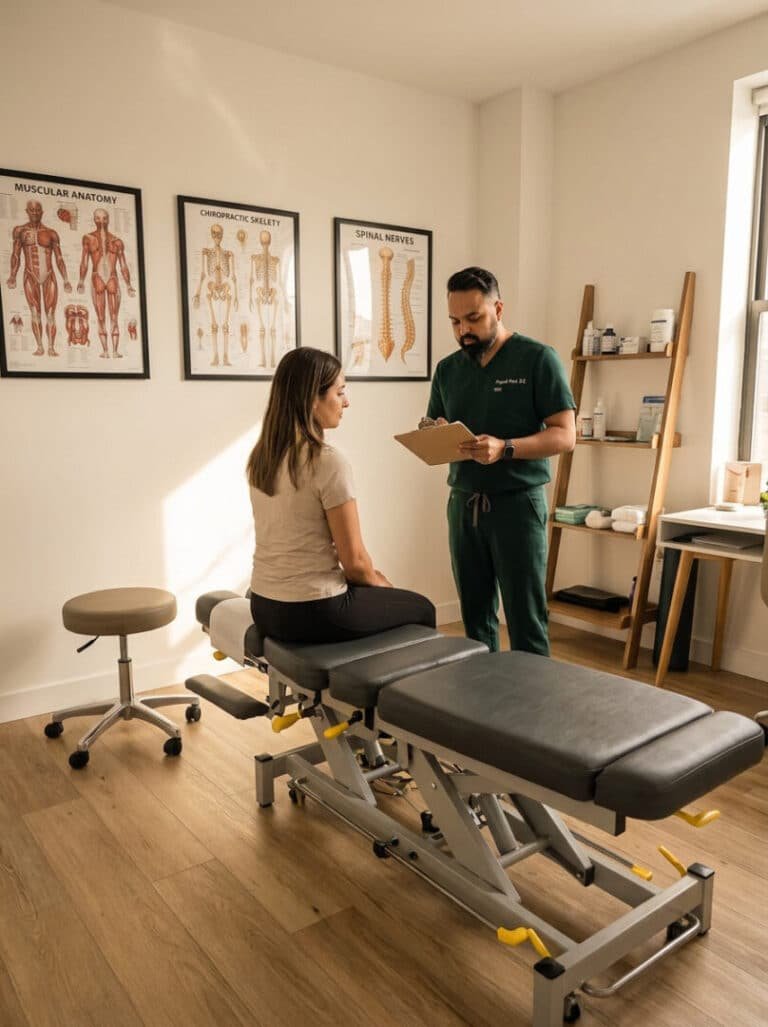 Dr. Patel discussing how often should you see a chiropractor with a patient at Brooklyn Chiropractic Care, 112 Greenpoint Ave