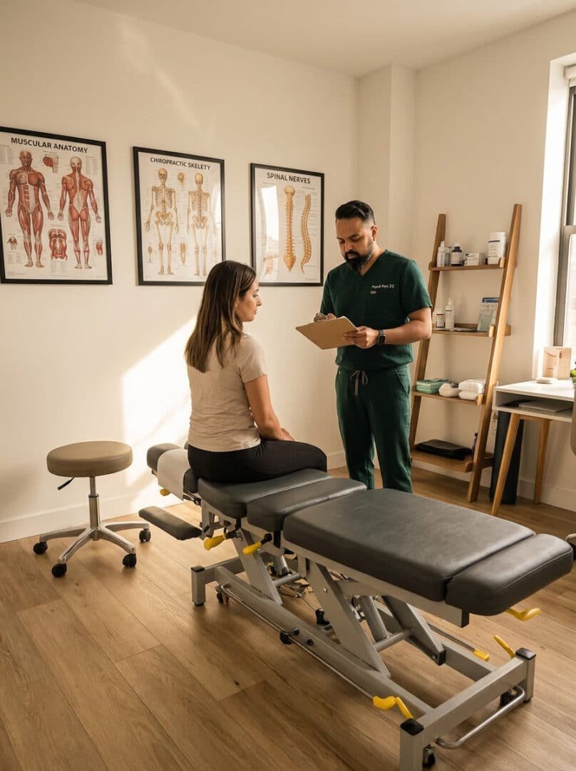 Dr. Patel discussing how often should you see a chiropractor with a patient at Brooklyn Chiropractic Care, 112 Greenpoint Ave