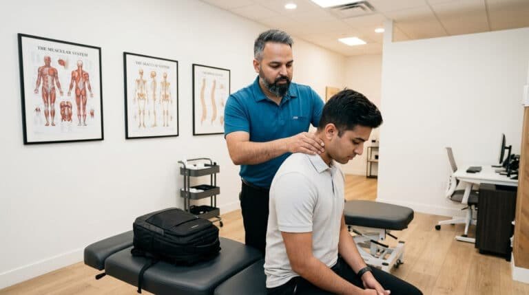Dr. Patel examining hybrid work back pain in Brooklyn at Brooklyn Chiropractic Care, 112 Greenpoint Ave