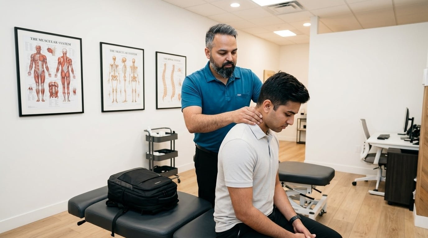 Dr. Patel examining hybrid work back pain in Brooklyn at Brooklyn Chiropractic Care, 112 Greenpoint Ave