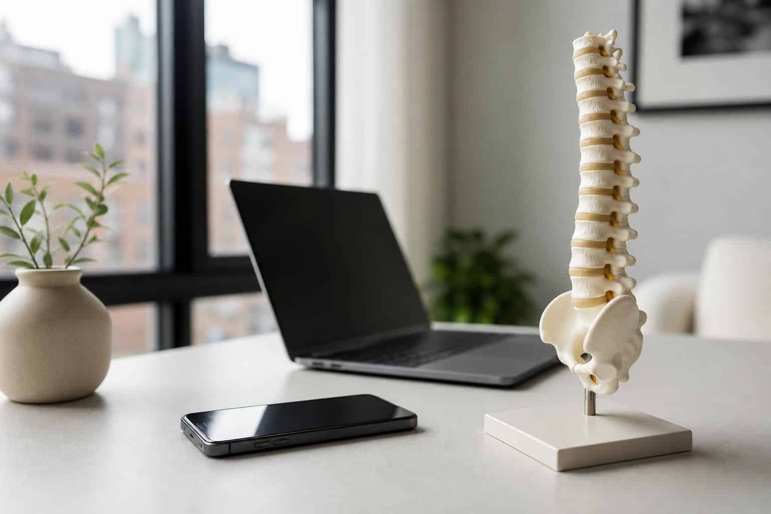 Phone, laptop, and spine model on a desk for text neck posture